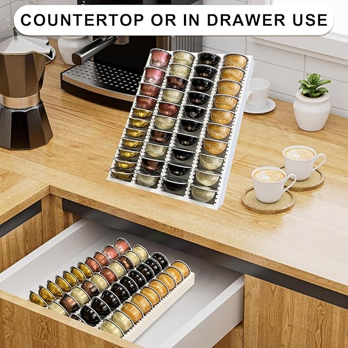 Bamboo Coffee Pod Storage Holder for Drawer Coffee Pods Organizer for Counter, Compatible with Capsules for Kitchen Coffee Station (White)