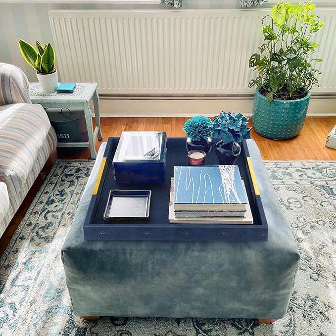 HofferRuffer Faux Leather Serving Tray with Gold Metal Handles, Stylish Decorative Tray Organizer for Coffee Table, Ottoman, Home Decor and Serving (Blue Shagreen, 18.9" x 18.9" x 2")