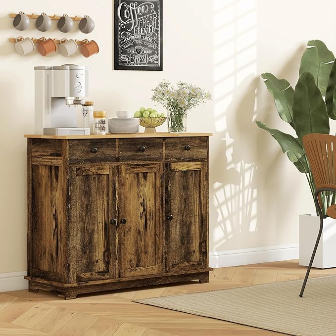 HOMCOM Sideboard Buffet Cabinet with Solid Wood Countertop, Modern Kitchen Storage Cabinet, Coffee Bar Cabinet with 3 Drawers, Doors and Adjustable Shelf, Rustic Brown