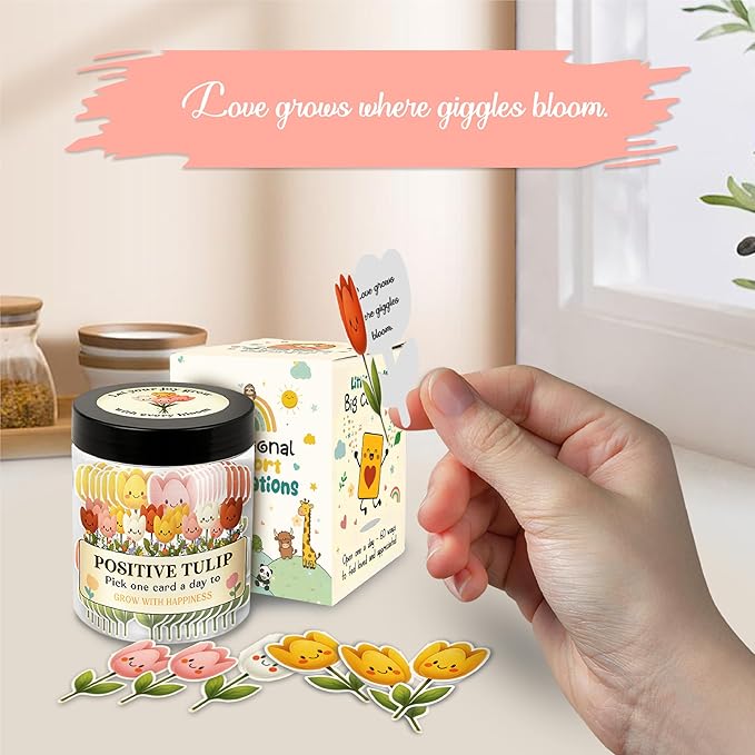 Positive Tulip Jar with 60 Affirmation Cards, Inspirational Gifts and Teacher Desk Decor, Tulips Flowers Themed Gift for Women, Stress Relief and Daily Positivity, Staff Appreciation Gifts