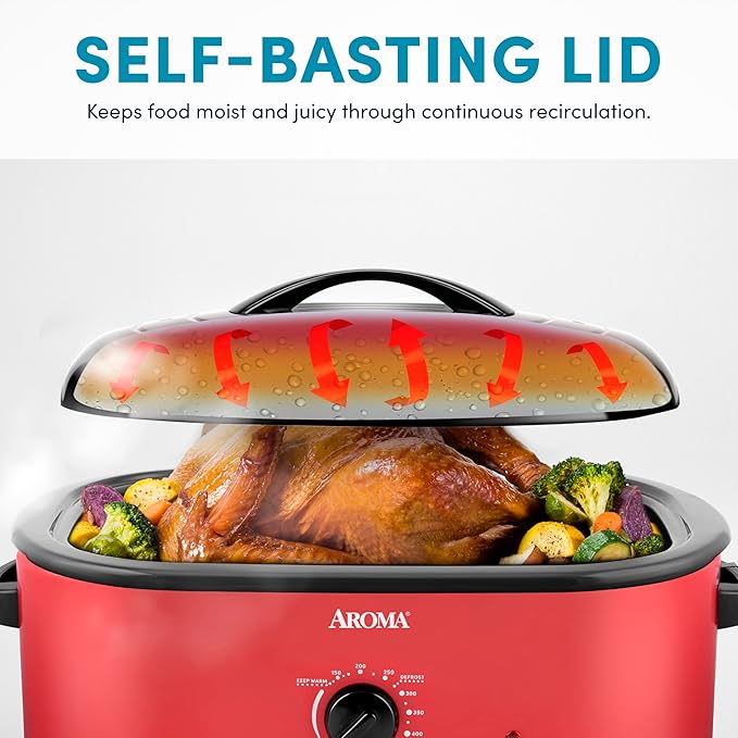 AROMA 18Qt. Roaster Oven with Self-Basting Lid, Fits 22-lb. Turkey, Adjustable Temperature Settings, Keep Warm Setting, Red (ART-718R)