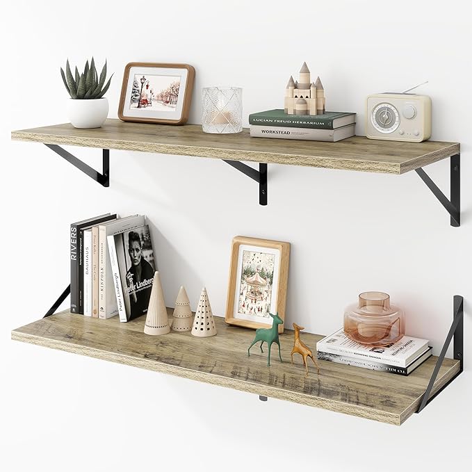 Deep Floating Shelves Wall Mounted, 36"x12" Gray Wall Shelves with Brackets Set of 2 for Bedroom, Living Room, Bathroom, Kitchen, Office - Storage & Display Shelf for Decor, Books, Plants