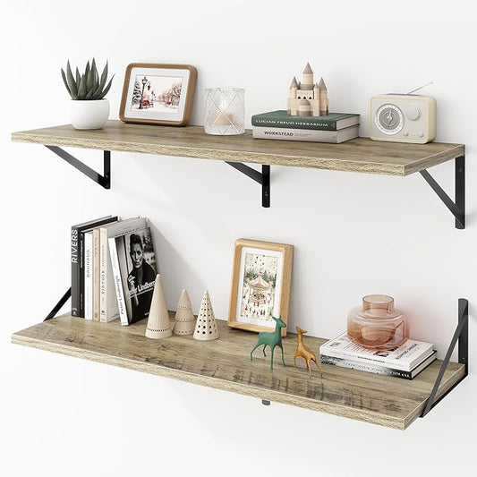 Deep Floating Shelves Wall Mounted, 36"x12" Gray Wall Shelves with Brackets Set of 2 for Bedroom, Living Room, Bathroom, Kitchen, Office - Storage & Display Shelf for Decor, Books, Plants