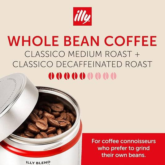 illy Whole Bean Coffee, Classico Medium & Decaffeinated Roasts, 100% Arabica, Premium Italian Coffee, Ideal for Espresso, Drip, Moka and French Press Brewing, 8.8oz, 6 Variety Pack