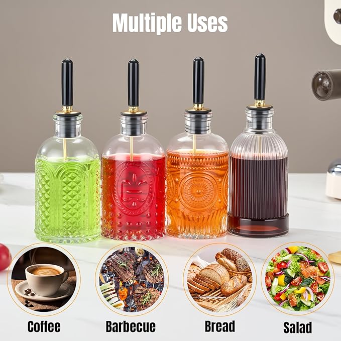 4pcs Glass Coffee Syrup Dispenser Bottles 7 OZ, Simple Syrup Bottles with Metal Pour Spout, Syrup Dispenser for Coffee Bar Accessories for Maple Honey Syrup Oil and Sauces