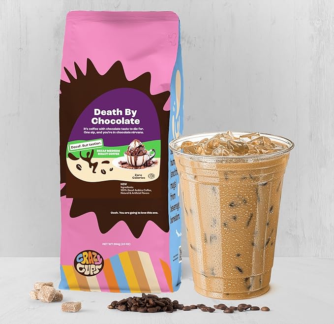 Crazy Cups Flavored Ground Decaf Chocolate Coffee, Decaffeinated Death By Chocolate Coffee in 10 oz Bag, For Brewing Flavored Hot or Iced (Pack of 2)