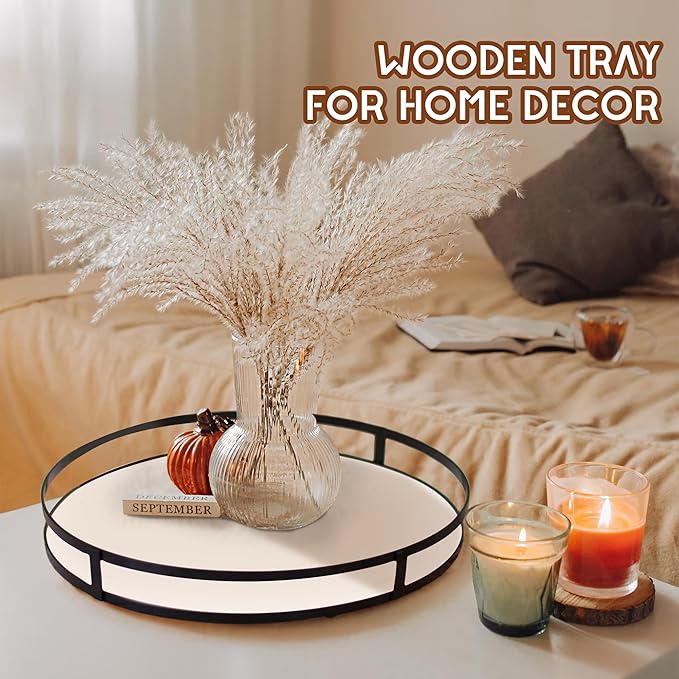 Defined Deco 12in Round Decorative Serving Tray with Metal Handle - Rustic Wooden Tray for Home, Living Room, Coffee Table Decor