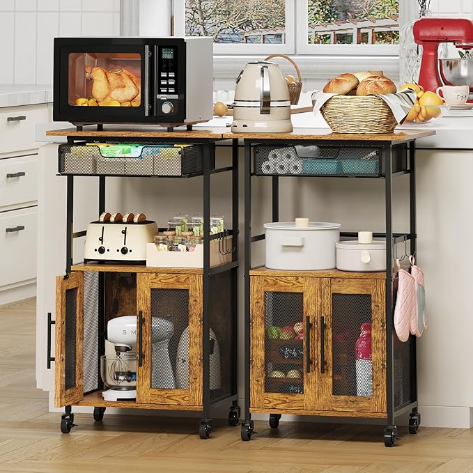 3 Tier Rolling Coffee Cart with 2-Door & Pull-Out Wire Basket Drawer, Movable Coffee Bar Cabinet on Lockable Casters, 32.7" H Microwave Cart with Storage for Home, Kitchen, Dining Room (Rustic Brown)