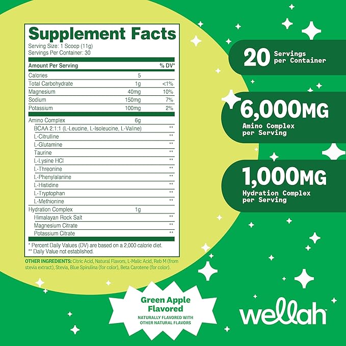 Wellah So Long Soreness BCAA Powder (Green Apple Flavored) 30 Servings - with Hydration Complex