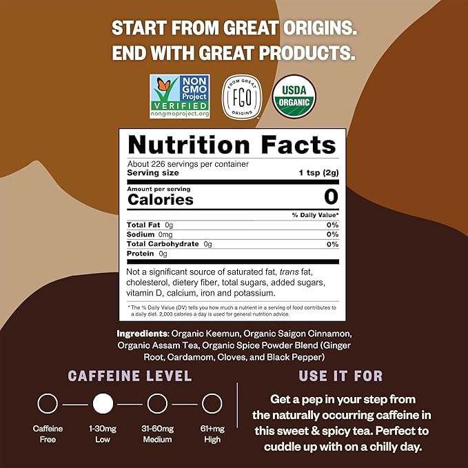 FGO Organic Chai Tea, 16 Ounce Loose Leaf Bulk Resealable Bag, Packaging May Vary (Pack of 1)