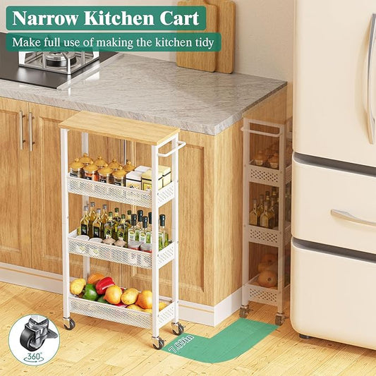 Giwil Slim Rolling Storage Cart 4 Tier Bathroom Organizer Mobile Shelving Unit Utility Cart with Wood Top and Handle for Kitchen Laundry Narrow Places, White