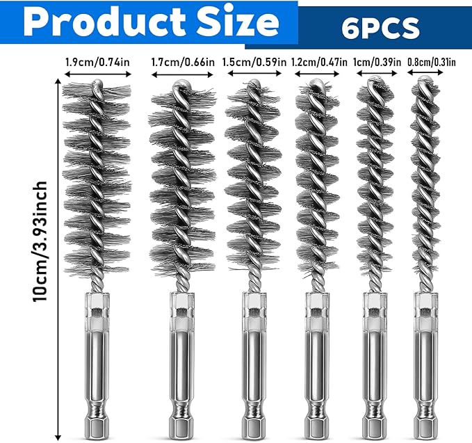 6 Pcs Stainless Steel Bore Brush Copper Pipe Cleaner, 6 Size Twisted Wire Cleaning Brush Set with 1/4 Inch Hex Shank for Cleaning Tubes Rust Bearings(8, 10, 12, 15, 17, 19mm)