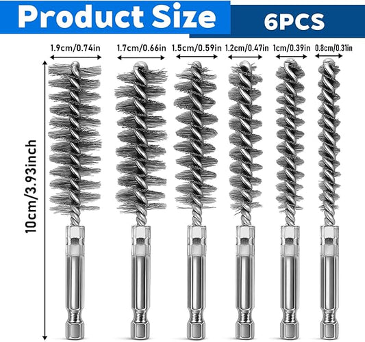 6 Pcs Stainless Steel Bore Brush Copper Pipe Cleaner, 6 Size Twisted Wire Cleaning Brush Set with 1/4 Inch Hex Shank for Cleaning Tubes Rust Bearings(8, 10, 12, 15, 17, 19mm)
