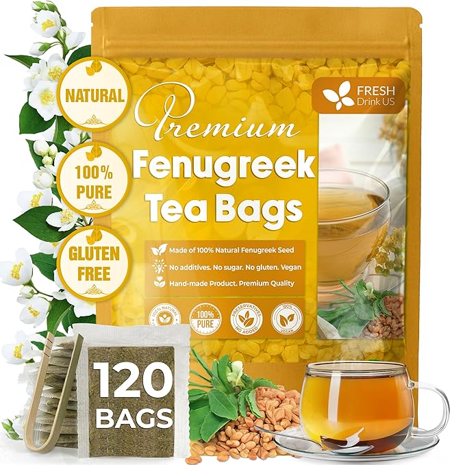 FreshDrinkUS, Premium 120 Fenugreek Tea Bags, 100% Natural & Pure from Fenugreek. Fenugreek Herbal Tea. Made with Natural Material Tea Bags. No Sugar, No Caffeine, No Gluten, Vegan.