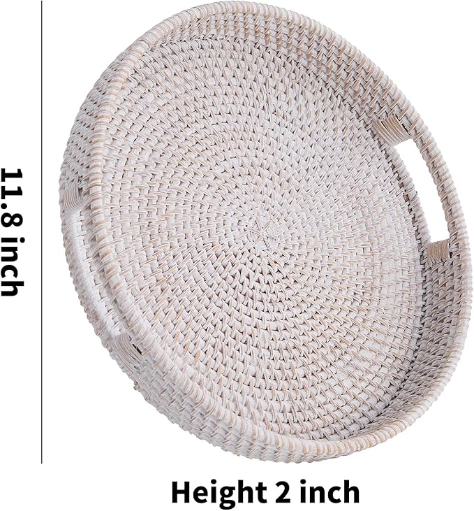 Round Rattan Serving Tray,Hand-Woven Tray with Handles, Ottoman Decorative Coffee Table Tray,Wicker Storage Basket for Tea,Fruit,Bread (Whitewash, 11.8")
