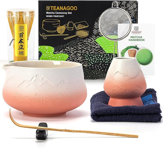 TEANAGOO 7 Pcs Matcha Whisk Set,Pink Matcha Set, Matcha Kit for Ceremony, Matcha Tea Set for Making Breakfast/Latte, Matcha Whisk and Pink Bowl with Scoop&Sifter, Gift for Matcha Lover