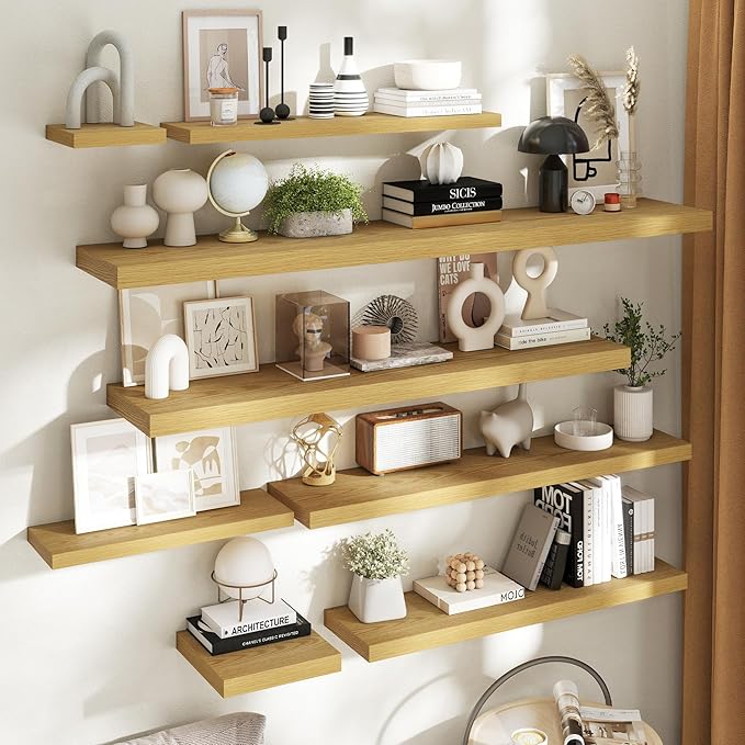 Floating Shelves for Wall with Invisible Brackets, Wall Mounted Engineered Wood Shelves with Wood Grain for Living Room, Bedroom, Bathroom, Kitchen Decor and Storage, Oak, 48"L Set of 2, Oak