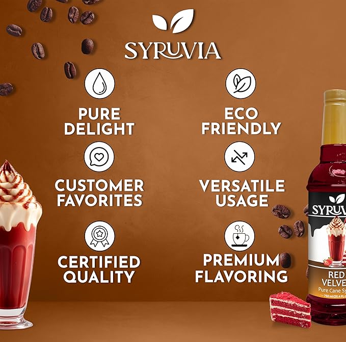 Syruvia Coffee Syrup, Red Velvet Flavored Syrup for Drinks, Lattes, and Desserts – 25.4 fl oz,