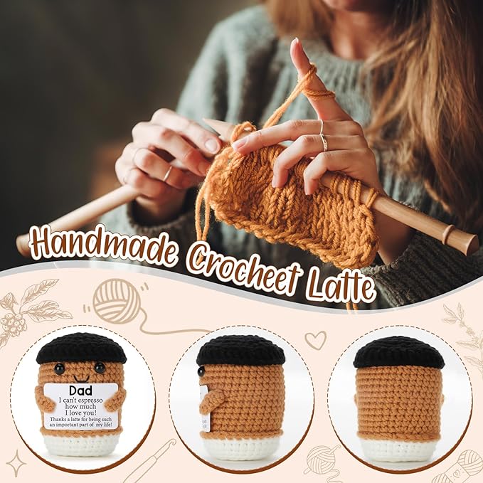 Mini Funny Coffee Dad Gifts from Daughter Son Wife, Handmade Crochet Fathers Day Birthday Gift for Daddy Bonus Step New First Time Dad Husband, Office Desk Decor Handmade Emotional Coffee