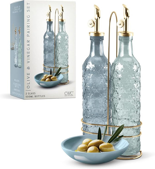 COOK WITH COLOR Glass Olive Oil Bottle Dispenser - 2 Pack- 17oz Oil and Vinegar Cruet - Olive Oil Carafe Decanter for Kitchen, Floral, Blue