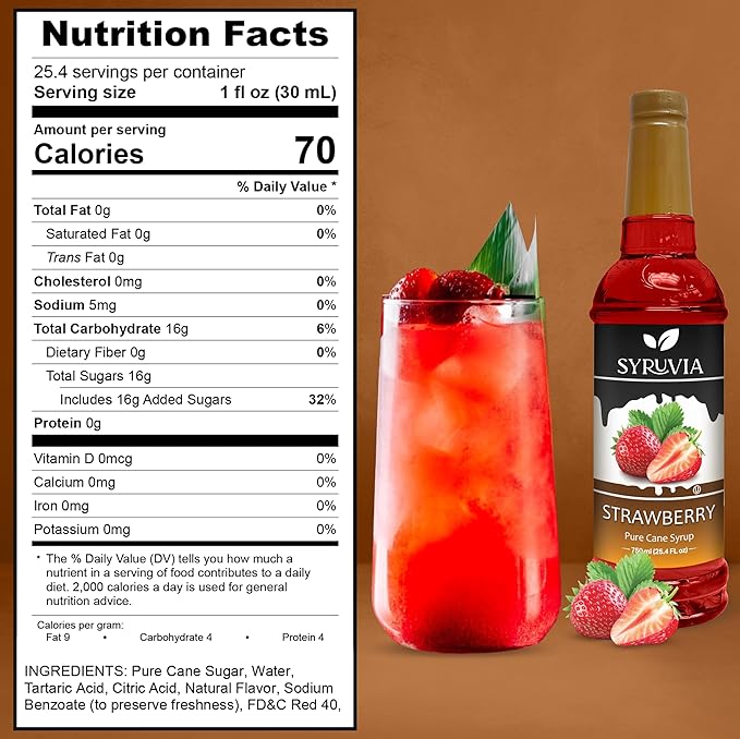 Syruvia Strawberry Syrup, Flavored Syrup for Drinks, Cocktails, Lemonades, Iced Teas, and Desserts – 25.4 fl oz, With Pump