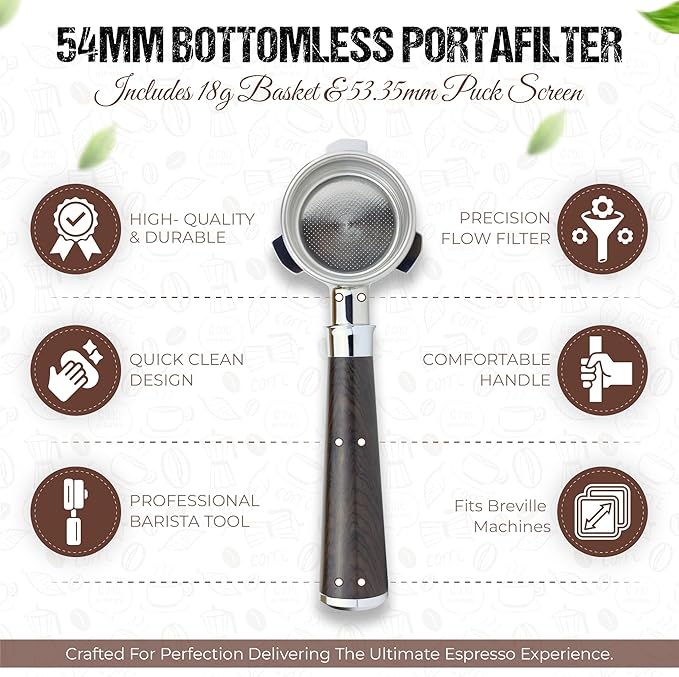 54mm Bottomless Naked Portafilter Black Rosewood Set – Compatible with 54mm Breville Espresso Machines – Includes 18g Filter Basket & 53.35mm Puck Screen, 0.9mm 150μm