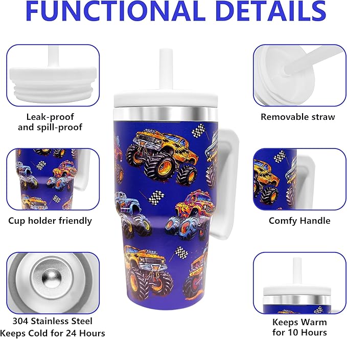 2PCS 20-OZ Insulated Water Bottle,Insulated Stainless Steel Tumbler,Reusable Cold Drink Thermos,BPA-Free, Double-Wall Stainless Steel Water Bottle (Dark blue-Monster trucks, 20, Fluid Ounces)