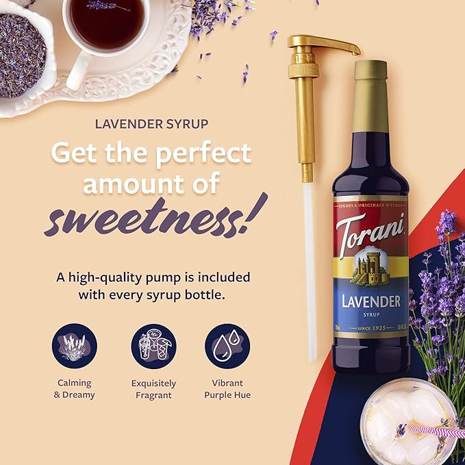 Torani Coffee Syrup, Lavender Flavored Syrup for Drinks, Pump Included, 25.4 Fl Oz