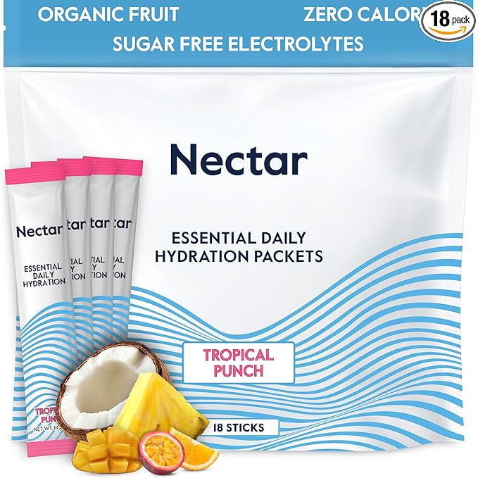 Nectar Hydration Packets - Electrolytes Powder Packets - Sugar Free & 0 Calorie - Organic Fruit Liquid Daily IV for Dehydration Relief & Rapid Rehydration (Tropical Punch 18 Pack)