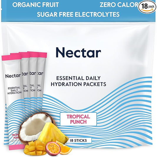 Nectar Hydration Packets - Electrolytes Powder Packets - Sugar Free & 0 Calorie - Organic Fruit Liquid Daily IV for Dehydration Relief & Rapid Rehydration (Tropical Punch 18 Pack)