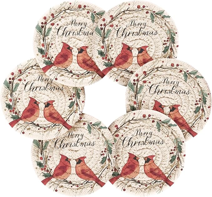 Christmas Coasters with Holder Wreath Cardinals Red Bird Coasters Set of 6 Cotton Woven Absorbent Cup Coaster Christmas Xmas Holiday Party Table Decor 4 Inches