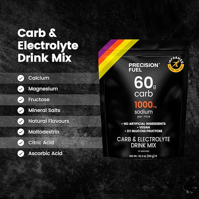 Precision Fuel PF60 Carb & Electrolyte Drink Mix Powder for Hydration & Energy - Endurance Sports Nutrition, Vegan, Hypotonic - 60g Carb, 1000mg Sodium per Litre - Mild Citrus Flavor, 5-Pack