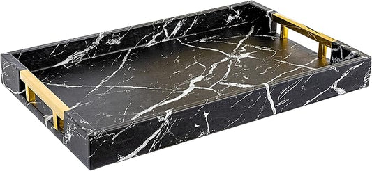 Modern Elegant 17.5"x12" Rectangle Black Marble Faux Leather Decorative Tray Ottoman Coffee Table Perfume Living Room Kitchen Serving Tray with Gold Polished Handles for All Occasion's