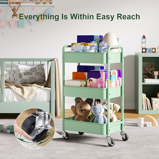 3 Tier Rolling Storage Cart Metal with Wheels, Green Baby Diaper Caddy Carts, Three Tiered Craft Cart Organizer on Wheels, Utility Roller Trolley for Art, Book, Snack, Office, Laundry, Bathroom Shelf