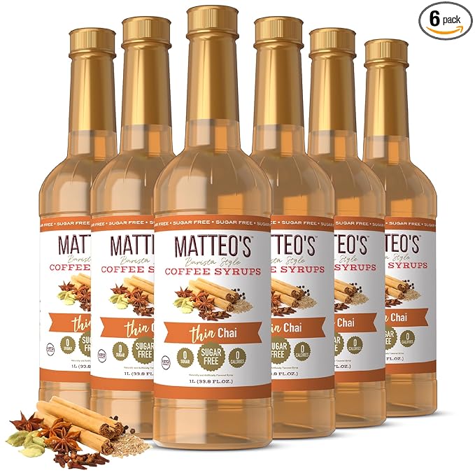 Matteo's Chai Syrup for Coffee, Lattes, Cappuccinos & Desserts – Sugar-Free Sweetener for Beverages, Keto Friendly, Zero Calories, Indulgent Flavor, Non-Alcoholic, Ideal for Hot Drinks 33.8oz (6pk)