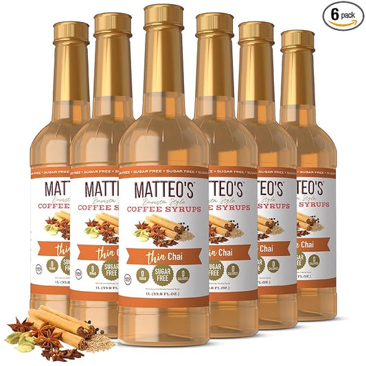 Matteo's Chai Syrup for Coffee, Lattes, Cappuccinos & Desserts – Sugar-Free Sweetener for Beverages, Keto Friendly, Zero Calories, Indulgent Flavor, Non-Alcoholic, Ideal for Hot Drinks 33.8oz (6pk)