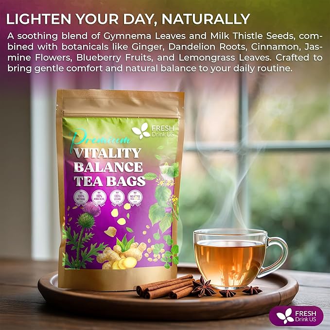 FreshDrinkUS, Vitality Balance Tea Bags | 30 Count | Herbal Blend with Gymnema, Milk Thistle Seed, Fenugreek, Dandelion Root, Ginger, Orange Peel & Other Herbs – 100% Natural, Caffeine-Free Herbal Tea