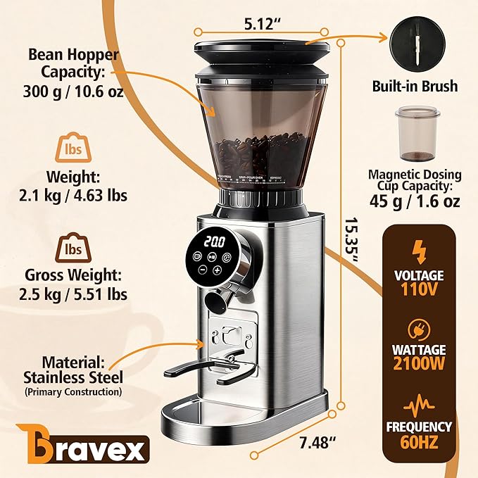 Coffee Grinder, Burr Coffee Bean Grinder for Home Use 48 Precise Grind Settings, Detachable Funnel Stand for Espresso/French Press/Drip/Cold Brew, LED Control Panel, Anti-static, Magnetic Dosing Cup