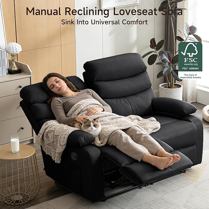 Reclining Loveseat, PU Leather Double Recliner Sofa with Side Pocket, Wall Hugger Loveseat Recliner for Living Room, RV, Home Theater(Black)