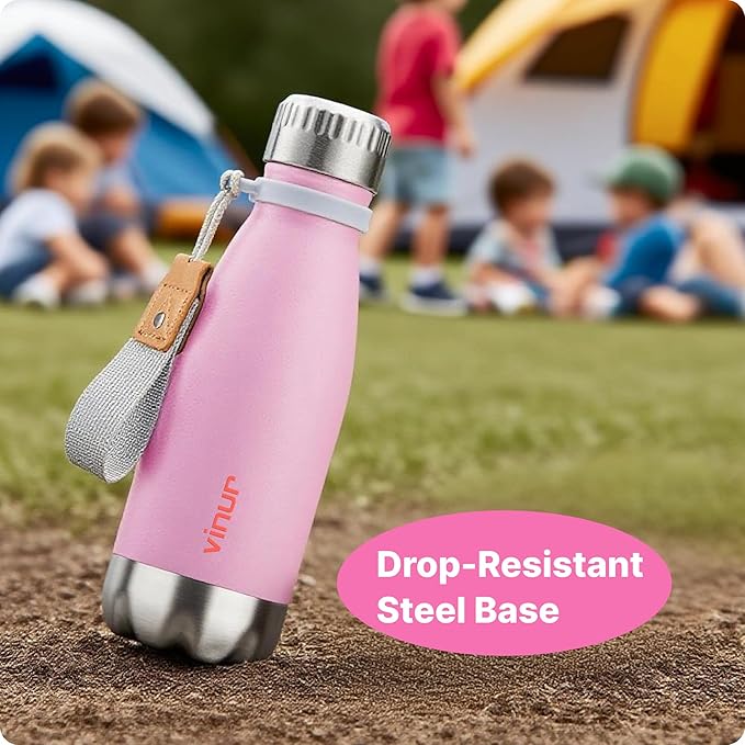 VINUR Kids Water Bottle-12 oz Stainless Steel Double Wall Vacuum Insulated Water Bottle for School-Cola Shape Flask with Carry Rope(Purple Pink)