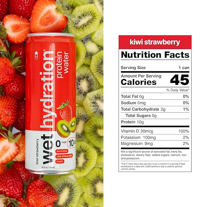 Wet Hydration Protein Water | Electrolyte Drink with Clear Whey Protein & BCAAs - Kiwi Strawberry Flavor (12oz Cans, Pack of 12) | Zero Sugar, 10g Protein, Low Calorie, Functional Hydration