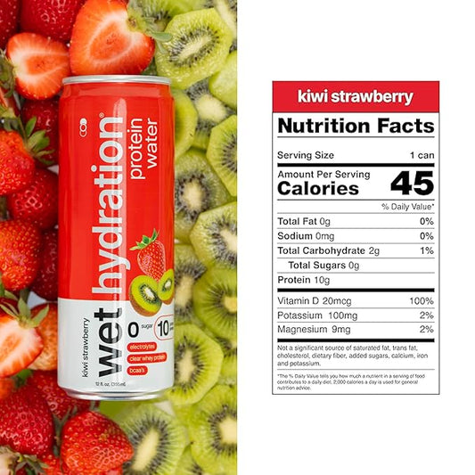 Wet Hydration Protein Water | Electrolyte Drink with Clear Whey Protein & BCAAs - Kiwi Strawberry Flavor (12oz Cans, Pack of 12) | Zero Sugar, 10g Protein, Low Calorie, Functional Hydration