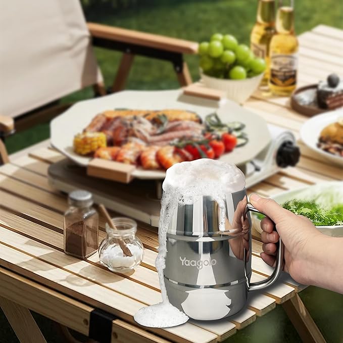 Insulated Beer Stein, 2 Pack 32oz Double Wall Stainless Steel Beer Stein with Handle, Insulated Stein Mug for Cold Drinks, Hot Coffee, Milk, Shatterproof Cups for Men Women