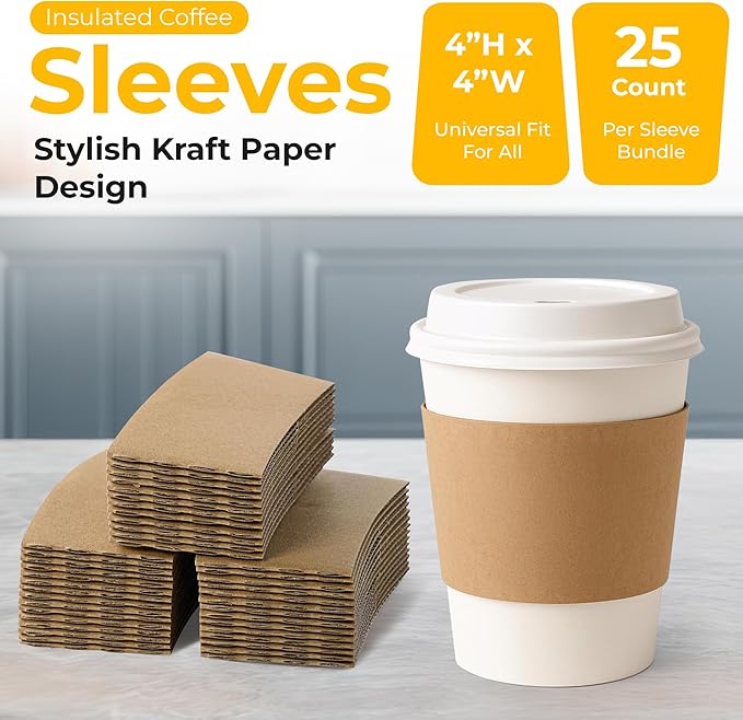 Customizable 25 Pcs Insulated Coffee Sleeves for 10-20oz Cups | Eco-Friendly, Reusable, Stylish Kraft Paper Design, Perfect for Hot & Cold Drinks, Coffee Shops, Parties & Events