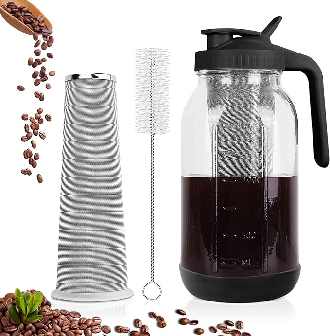 Cold Brew Coffee Maker, 64oz Mason Jar Pitcher with Stainless Steel Filter, Sealed, Leak-Proof Lid with Pour Spout & Handle, Heavy Duty Glass Iced Coffee Tea Brewer with Non-Slip Silicone Base-Black