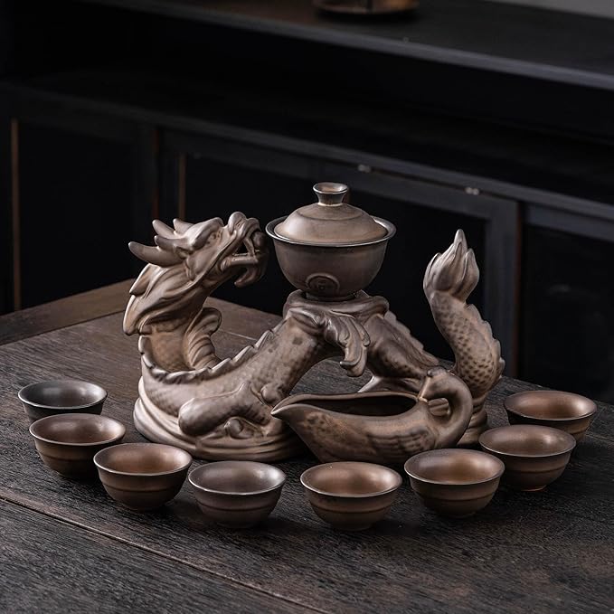 Dragon Tea Sets with Infuser Semi Automatic Tea Set Magic Teapot with 8 cups (Antique Brass Dragon- A)