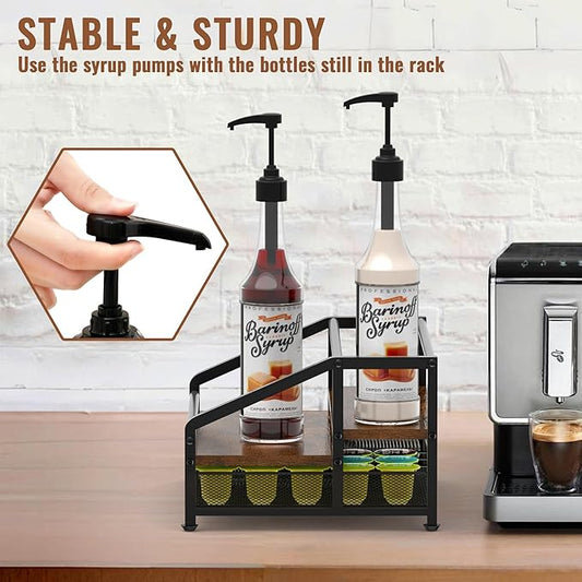 Alyoen Coffee Syrup Organizer Rack, 3-Tier Coffee Station Organizer for Countertop, Coffee Bar Organizer with 35K Cup Storage Basket, Coffee Syrup Holder Stand for Coffee Bar Accessory, Syrup - Wine