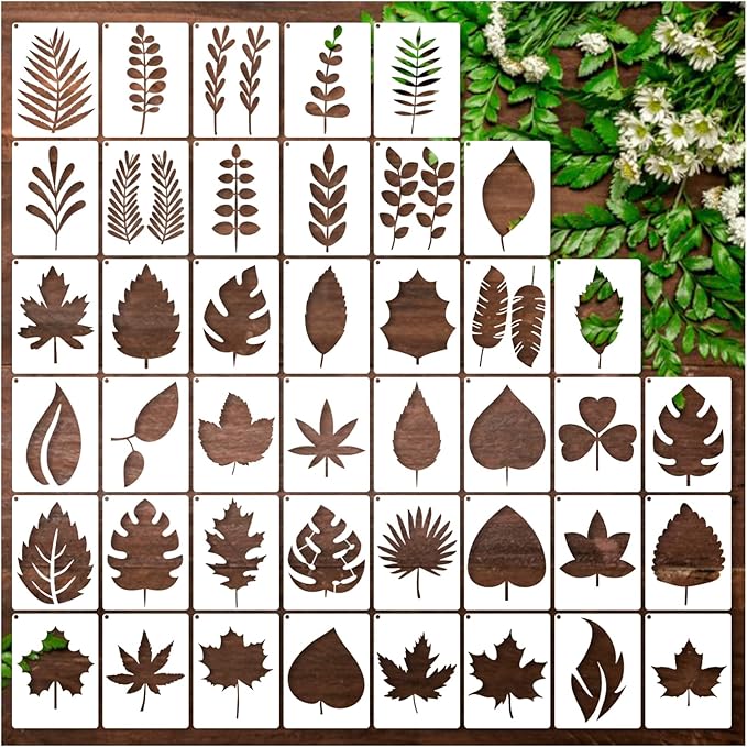 Leaf Stencils for Crafts Small Leaves and and Branches Paint Plant Stencil for Painting On Wood Wall Card Making, Tiny Nature Vine Herb Essential Art Stencils for Adults Kids (42 Leaves)