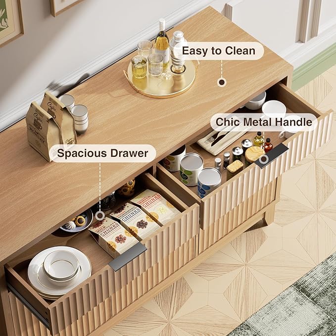 Vabches Modern Sideboard Buffet Cabinet with Storage, Long Credenza Storage Cabinet with Drawer, Fluted Doors & Adjustable Shelf, Wood Buffet Table for Living Room, Kitchen Dining Room, Entryway, Oak