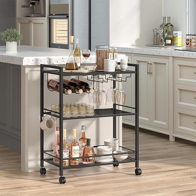 Bar Cart, Home Bar Serving Cart with 3-Tier Shelf,Microwave Cart with Lockable Wheels,Mobile Kitchen Shelf,Rolling Beverage Cart with Wine Rack and Glass Holder for Kitchen,Dinning Room,Black